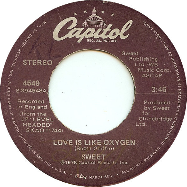 Sweet* - Love Is Like Oxygen (7", Single, Win)