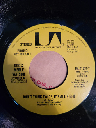 Doc & Merle Watson - Don't Think Twice, It's All Alright (7", Promo)