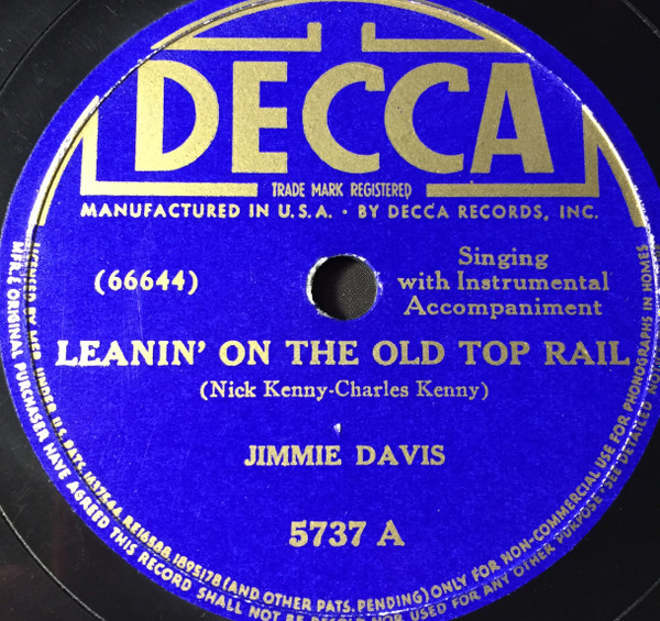Jimmie Davis - Leanin' On The Old Top Rail / The Last Trip Of The Old Ship (Shellac, 10")