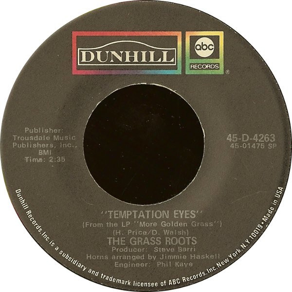 The Grass Roots - Temptation Eyes / Keepin' Me Down (7", Single, Spe)