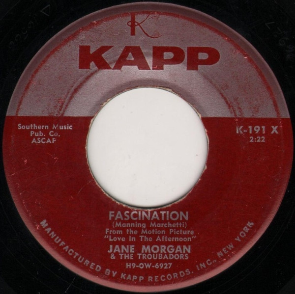 Jane Morgan & The Troubadors - Fascination (7", Single)