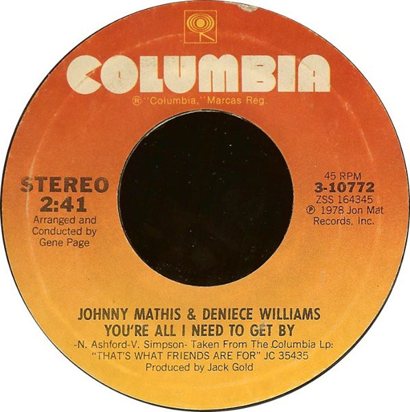 Johnny Mathis & Deniece Williams - You're All I Need To Get By / You're A Special Part Of My Life (7", Styrene, Ter)