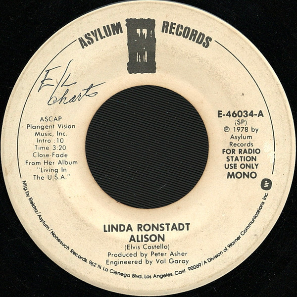 Linda Ronstadt - Alison (7", Mono, Promo, SP)