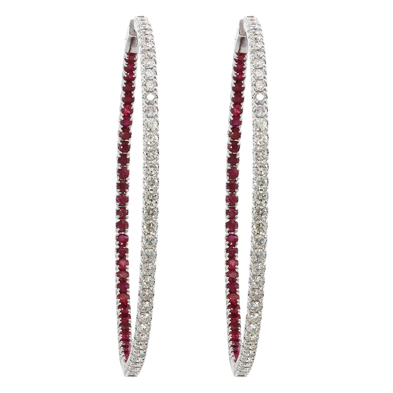 Inside Out Diamond Red Ruby Large Hoop Earrings 14K White