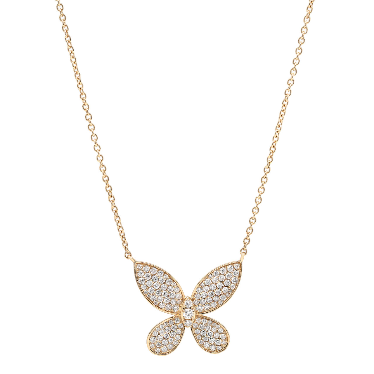 0.96Cttw Pave Set Round Cut Diamond Butterfly Pendant Necklace 14K