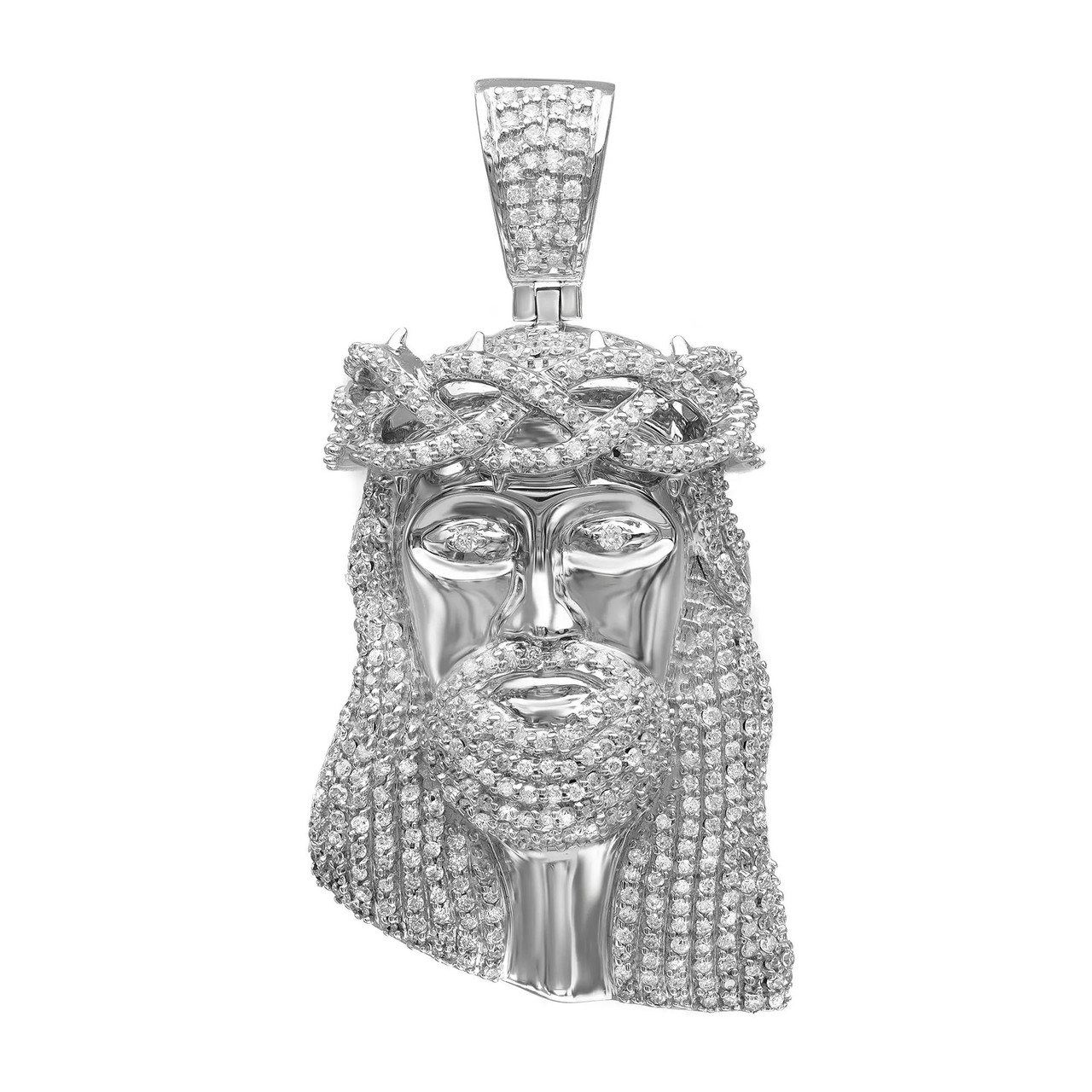Pave Round Cut Diamond Jesus Pendant 14K White Gold 1.24Cttw