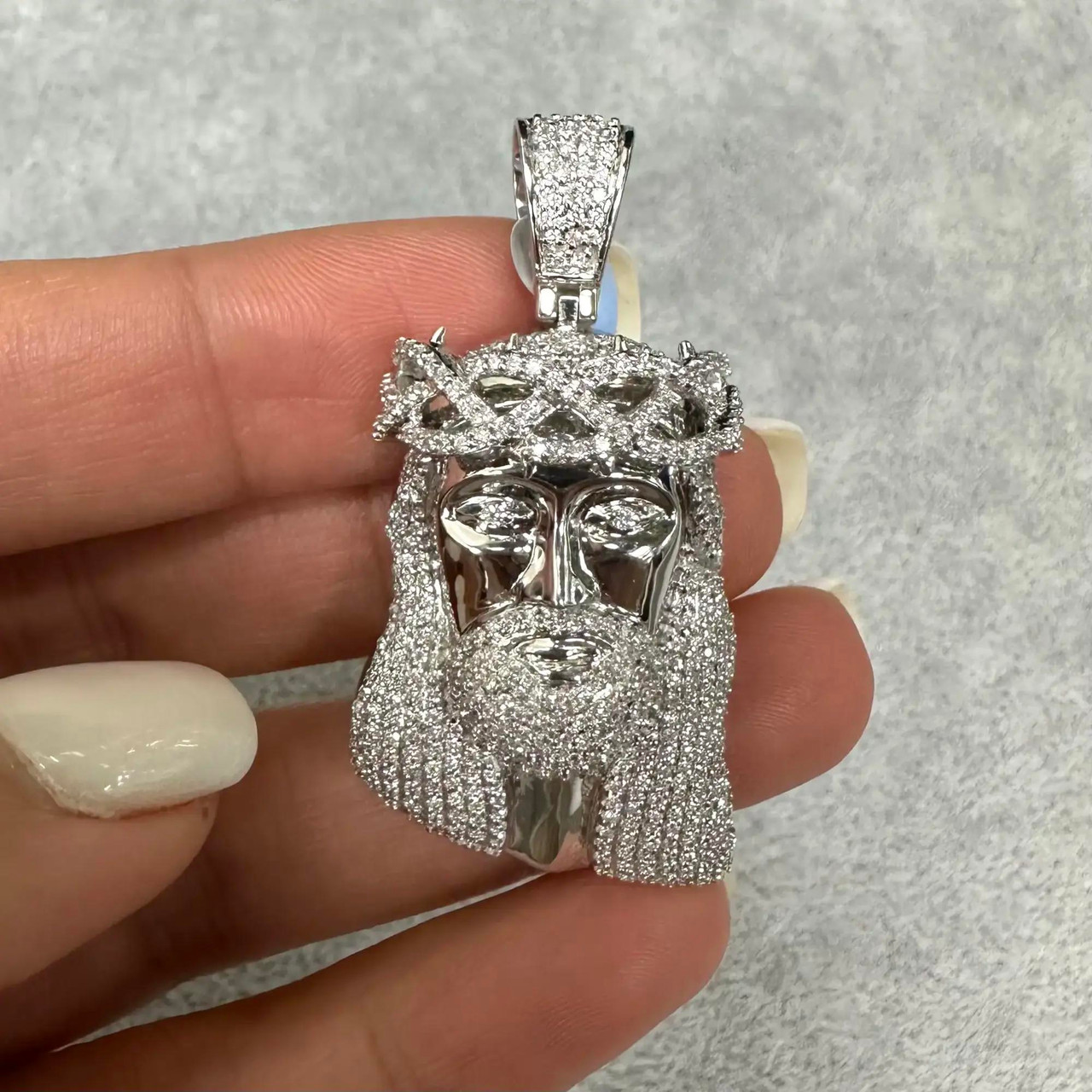 Pave Round Cut Diamond Jesus Pendant 14K White Gold 1.24Cttw