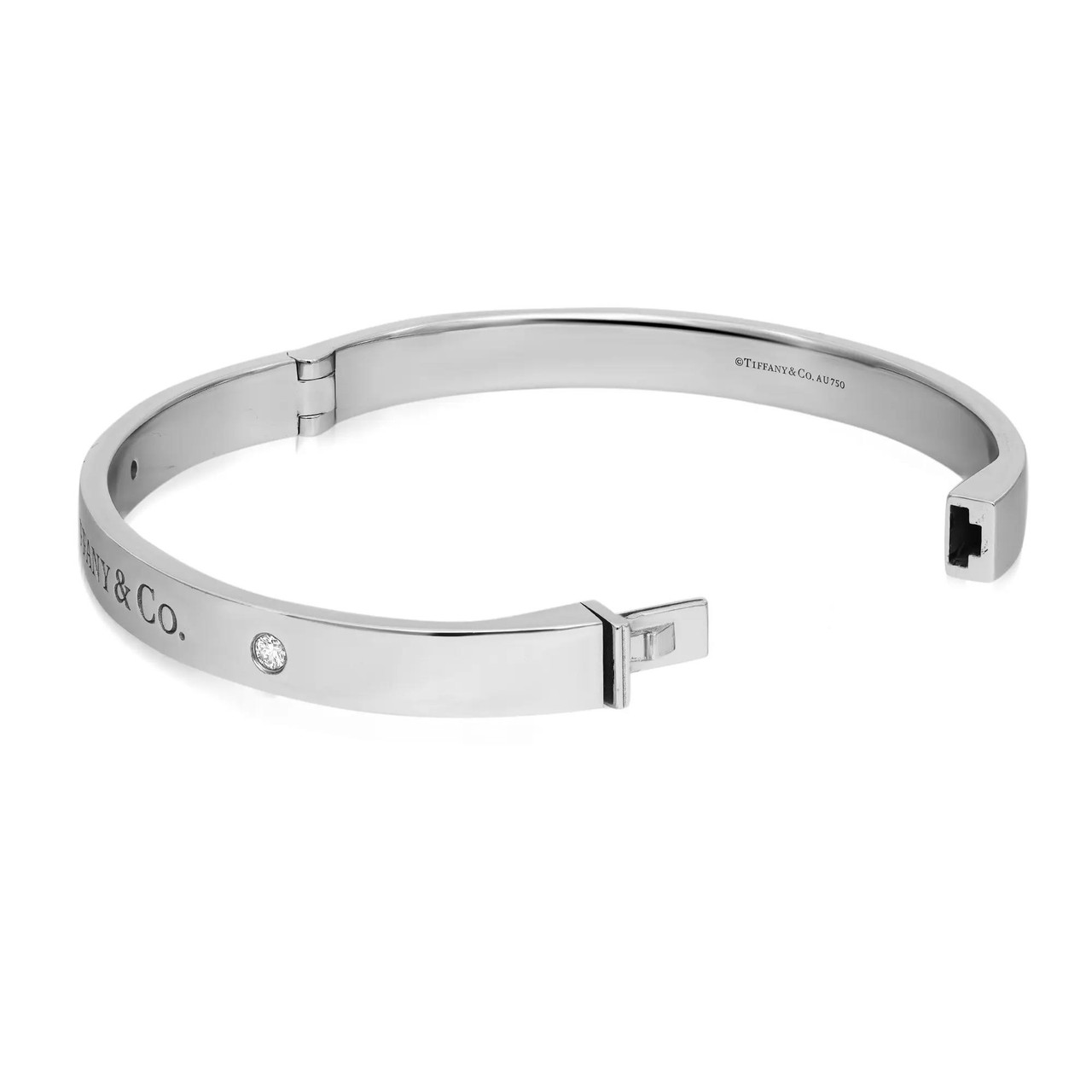 Tiffany & Co. Two Diamond Logo Hinged Bangle Bracelet 18K White