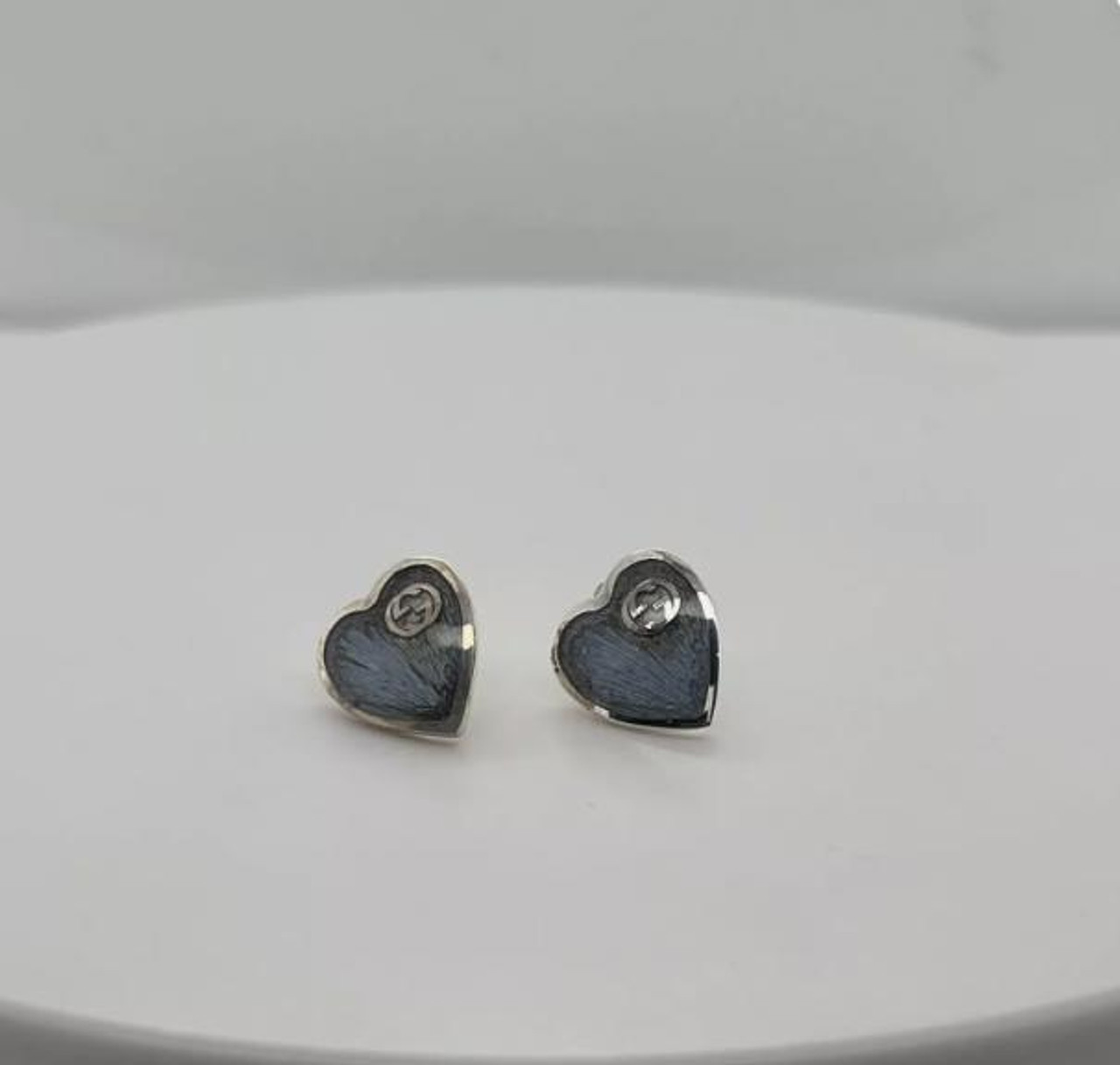 GUCCI★素敵!Silver INTERLOCKING G Blue HEART earrings Gucci Light Blue Enamel Interlocking G Heart Stud Earrings