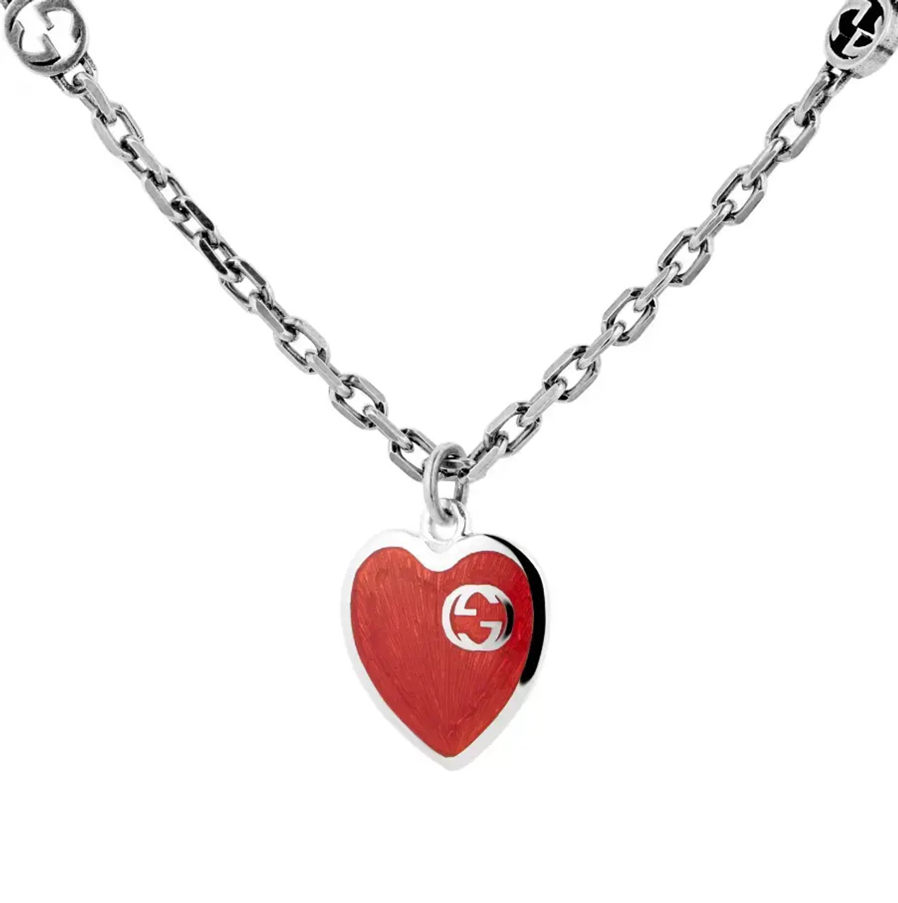Gucci Interlocking G Red Heart Pendant Necklace 925 Sterling
