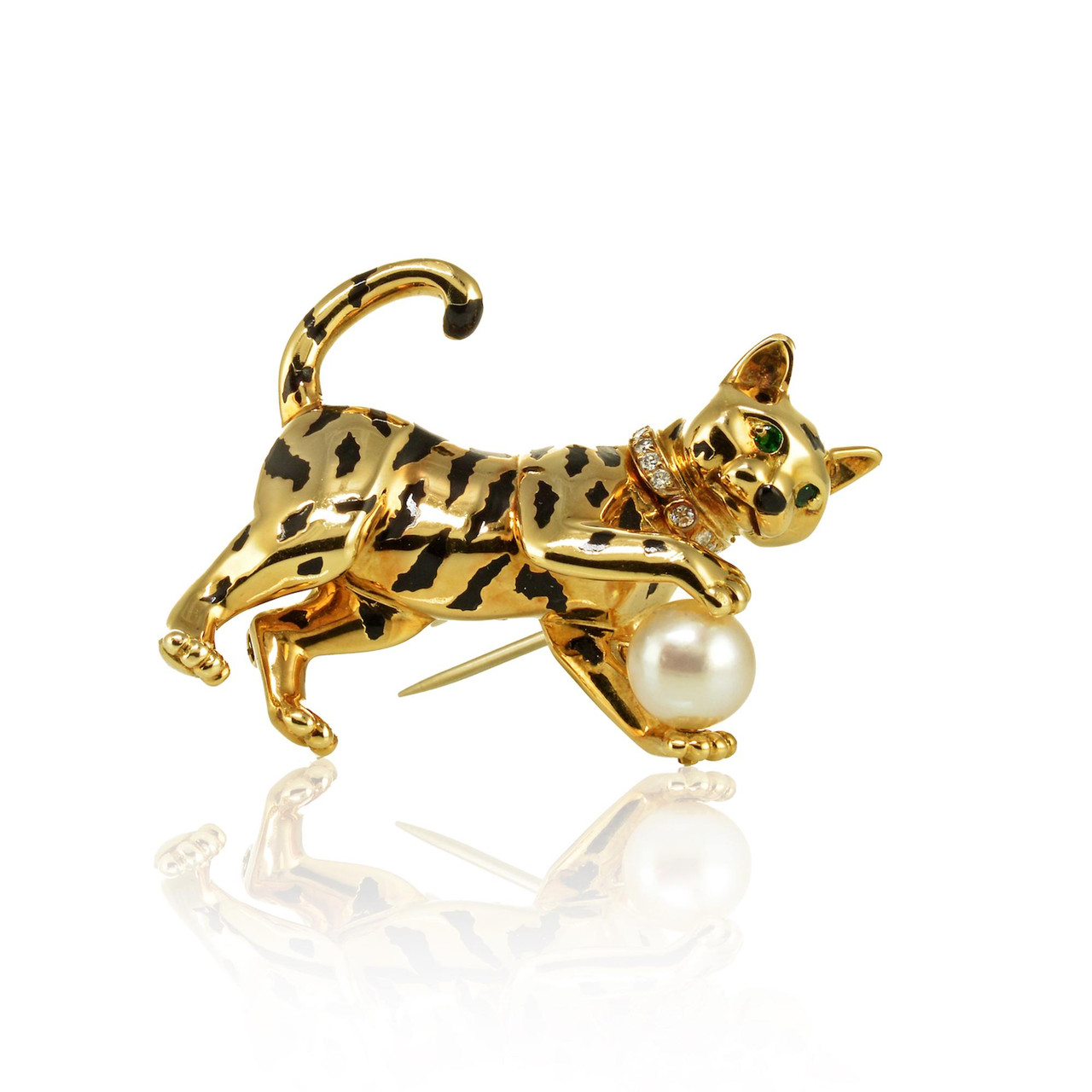 Cartier Enamel Cultured Pearl Diamond Emerald Cat Tiger Brooch 18K
