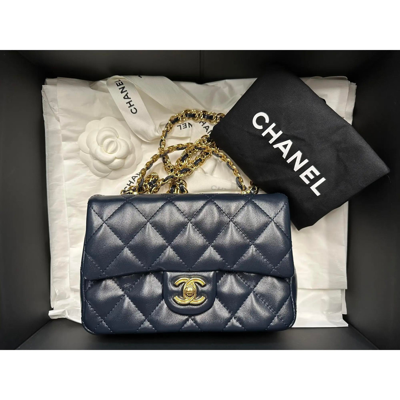 Chanel 23a Rectangular Top Handle Flap Mini Marine Blue Handbag