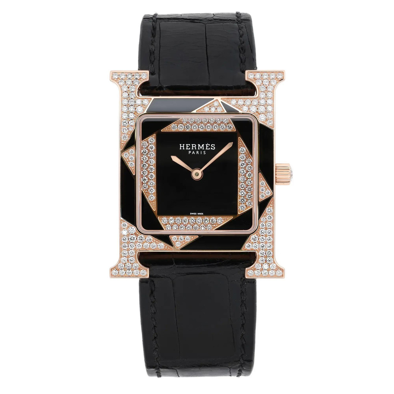 Hermes Heure H Perspective 18K Rose Gold Diamond Quartz Watch