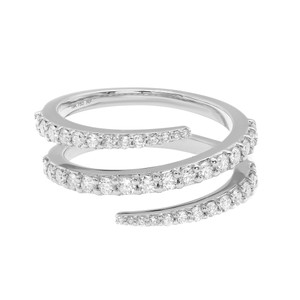 An image of a Rachel Koen brand women's spiral ring with diamonds, displayed in a close-up and central position against a white background. The ring features a unique, open spiral design with multiple bands encrusted with small, round-cut diamonds that catch the light in white gold. The ring is shown from a slightly tilted angle, providing a clear view of the diamonds' arrangement and the band's polished silver surface.