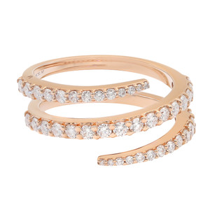 An image of a Rachel Koen women's ring with diamonds, showcasing an elegant rose gold band in a spiral design with multiple studded diamonds. The ring is photographed at a close distance and a slight angle that highlights the sparkle of the round-cut diamonds set along the top half of the spiraling band. The image has a white background that accentuates the ring's color and brilliance.