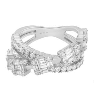 An image of a luxurious Rachel Koen women's ring with diamonds, captured from a top-down angle showcasing a close-up view. The ring features multiple sparkling diamonds of various cuts, including baguette and round, set in a polished 18K white gold band with a unique, openwork design. The diamonds are arranged in two parallel rows across the front half of the band, emphasizing their brilliance and the ring's intricate craftsmanship.