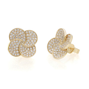 An image of a pair of Rachel Koen brand earrings for women, featuring flower design studded with sparkling round cut diamonds. The earrings are made in yellow gold and designed to resemble stylized flowers with four petals each. They are positioned against a white background, captured from a front-facing angle that highlights the sparkle of the diamonds and the overall design. The earrings are shown in close-up, providing a clear view of their intricate details and luxurious appearance.