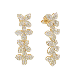 An image of a pair of Rachel Koen women's earrings with diamonds. The earrings are displayed frontally, and they feature a vertical arrangement of floral motifs with sparkling round cut diamond-encrusted petals, set in a yellow gold. The perspective is head-on, with the earrings appearing equidistant from the viewer, showcasing the intricate design and sparkling stones with no visible background.