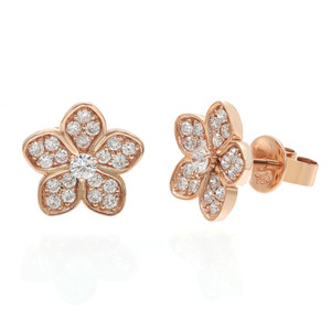 An image of a pair of Rachel Koen women's earrings with diamonds, showcasing a flower design. The photograph presents a straight-on view with the earrings positioned side by side against a white background, capturing their entirety at a close distance. Each earring features a four-petaled flower studded with multiple small round-cut diamonds and a larger round-cut diamond at the center in rose gold. The right earring is displayed with its post and backing in view, indicating the method of attachment. The image is crisp, highlighting the sparkle and intricate details of the diamonds and the polished finish of the rose gold.