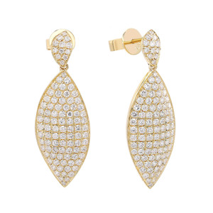 An image of a pair of Rachel Koen women's earrings with diamonds, displayed frontally at a medium distance. The earrings feature a teardrop design with a densely packed array of sparkling round cut diamonds set in a yellow gold frame, presenting a luxurious and elegant appearance. The earrings are positioned symmetrically with the post and backing visible on the right earring, angled slightly to give a three-dimensional perspective.