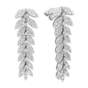 An image of a pair of Rachel Koen women's earrings with diamonds, displayed in a frontal view against a white background. The earrings feature a cascading leaf design with multiple diamond-encrusted leaves that decrease in size from top to bottom in white gold. The earrings are positioned vertically, with a slight angle that shows the three-dimensional aspect of the leaves, emphasizing their sparkle. The image is taken from a close-up perspective, showcasing the intricate detail and craftsmanship of the jewelry.