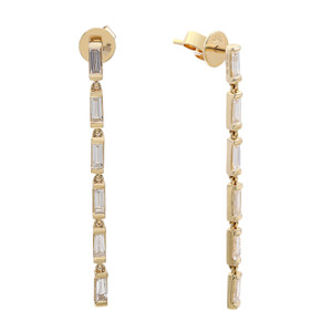 An image of a pair of Rachel Koen brand women's earrings with diamonds, positioned vertically on a white background. The earrings feature a linear drop design with multiple baguette cut diamonds set in a yellow gold. The left earring is shown in full profile view, while the right earring is angled to reveal the depth and setting of the diamonds. The distance appears close enough to capture the detailed facets of the diamonds and the shine of the gold.
