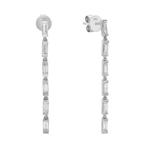 An image of a pair of Rachel Koen brand earrings for women, featuring a linear drop design with multiple vertically aligned baguette cut diamonds in white gold. The earrings are presented on a white background with a front-facing view, positioned parallel to each other, with the left earring fully visible and the right earring partially obscured by a rotated angle, showcasing the post and backing. The distance between the earrings suggests a clear view of their length and the sparkling diamonds.