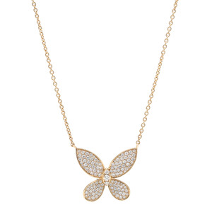 An image of a Rachel Koen brand women's necklace with diamonds, displayed frontally and centered against a white background. The necklace features a butterfly-shaped pendant with pavé-set diamonds on a yellow gold chain. The pendant is positioned at the bottom center of the image, with the chain extending symmetrically to the upper edges of the frame, suggesting a close-up view. The image provides a clear, detailed look at the jewelry design and craftsmanship from a straight-on angle.