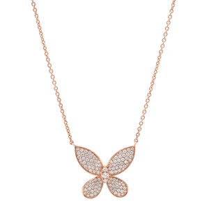 An image of a Rachel Koen brand women's necklace with diamonds, showcasing a butterfly-shaped pendant embellished with numerous small, sparkling round cut diamonds set in rose gold. The necklace is displayed against a white background, with the chain extending symmetrically from both sides of the butterfly pendant, forming a V-shape as it would appear when worn. The photograph is taken from a front-facing angle, capturing the entire length of the necklace, providing a clear and detailed view of the intricate design and the reflective quality of the diamonds. The image is shot from a medium distance, ensuring the entire piece is in focus and easily discernible.