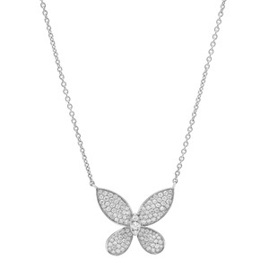 An image of a Rachel Koen brand women's necklace with diamonds, featuring a butterfly-shaped pendant with pavé-set diamonds in white gold. The pendant is centered and displayed at a straight angle, with the chain extending symmetrically on both sides. The image is a close-up view on a white background, highlighting the intricate design and the sparkle of the diamonds.