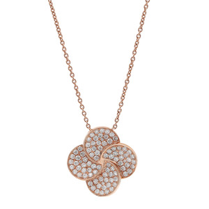 An image of a Rachel Koen women's necklace with diamonds, showcasing a rose gold chain with a frontal view of a clover-shaped pendant encrusted with round cut diamonds. The pendant is centered and prominently displayed against a white background, with the rose gold chain angling upwards from the pendant at approximately 45 degrees. The image is taken from a close, direct frontal perspective, providing a clear view of the pendant's details and the quality of the diamonds.