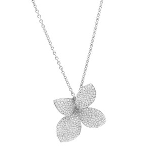 An image of a Rachel Koen brand necklace designed for women, featuring a pendant with a four-leaf clover design encrusted with round cut diamonds in white gold. The pendant is centrally placed, viewed from a front-facing angle, and appears in close-up against a white background. The fine chain is visible on both sides of the pendant, creating a symmetrical appearance.