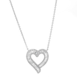 An image of a Rachel Koen women's necklace with diamonds, featuring a heart-shaped pendant encrusted with diamonds, centrally positioned against a white background. The necklace is captured from a front-facing angle, displaying the full design and sparkle of the diamonds with a close-up view, allowing for detailed observation of the piece. The chain extends symmetrically from the top edges of the pendant, suggesting a delicate and elegant appearance when worn.