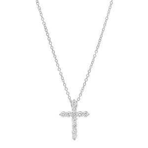 An image of a Rachel Koen women's necklace with diamonds, showcasing a cross pendant encrusted with glittering round cut diamonds in white gold, centered and displayed at a straight-on angle against a white background. The necklace chain features small, evenly spaced links leading to the pendant, which is positioned in the middle of the frame, with the necklace displayed in full length suggesting a close to medium distance from the viewer.