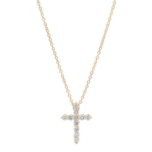 An image of a Rachel Koen women's necklace with diamonds, featuring a cross pendant adorned with multiple sparkling round cut diamonds in yellow gold, set against a white background. The necklace is presented in a straight-on view with the chain forming a V-shape at the top of the image and the cross pendant centrally positioned. The viewpoint is close up, capturing the pendant and part of the chain in clear detail, highlighting the contrast between the gold chain and the brilliance of the diamonds.