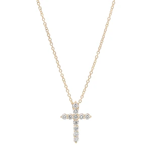 An image of a Rachel Koen women's necklace with diamonds, featuring a cross pendant adorned with multiple sparkling round cut diamonds in yellow gold, set against a white background. The necklace is presented in a straight-on view with the chain forming a V-shape at the top of the image and the cross pendant centrally positioned. The viewpoint is close up, capturing the pendant and part of the chain in clear detail, highlighting the contrast between the gold chain and the brilliance of the diamonds.