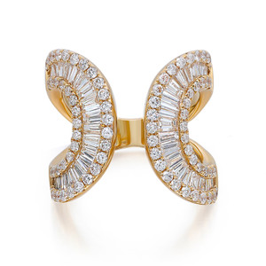 An image of a Rachel Koen brand women's ring with diamonds, displayed frontally at a close distance. The ring features a unique open design with two curved bands adorned with multiple rows of sparkling round cut diamonds, set in polished yellow gold. The bands curve outward and are positioned parallel to each other, creating a symmetrical and elegant appearance. The image captures the ring's intricate details and luxurious shine from a straight-on angle, highlighting the brilliance and craftsmanship of the diamonds.