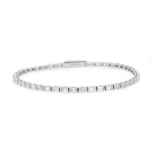 An image of a Rachel Koen women's bracelet with diamonds, displayed horizontally across the center of the frame against a white background. The bracelet features a continuous row of square-shaped links, each inset with a baguette cut diamond in white gold, and is oriented in a slight curve with the clasp visible at the top. The perspective is a direct, top-down view allowing clear visibility of the bracelet's design and the diamonds' placements, with the distance set to showcase the entire piece with sharp focus and detail.