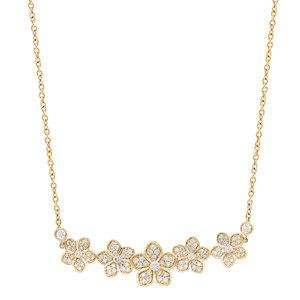 An image of a Rachel Koen women's necklace with diamonds, displayed against a white background. The necklace features a series of flower-shaped gold petals, each intricately set with sparkling round cut diamonds, closely aligned in a horizontal row at the necklace's center. The chain is a delicate yellow gold link design, appearing in a slight curve due to the angle of the photograph. The image is taken from a front, centered perspective, allowing a clear and detailed view of the jewelry piece from a medium distance, showcasing the necklace's elegance and craftsmanship.
