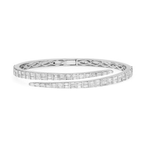 An image of a Rachel Koen women's bracelet with diamonds, displayed in a straight-on view against a white background. The bracelet is positioned horizontally across the center of the frame, showcasing its intricate design and the sparkling baguette cut diamonds set in a symmetrical pattern in white gold. The image is taken from a medium distance, providing a clear view of the bracelet's details and craftsmanship.