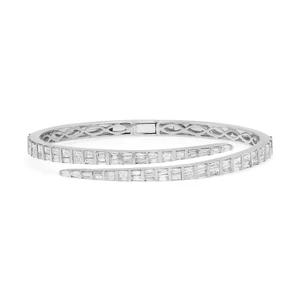 An image of a Rachel Koen women's bracelet with diamonds, displayed in a straight-on view against a white background. The bracelet is positioned horizontally across the center of the frame, showcasing its intricate design and the sparkling baguette cut diamonds set in a symmetrical pattern in white gold. The image is taken from a medium distance, providing a clear view of the bracelet's details and craftsmanship.