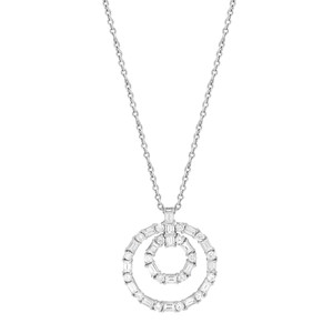 An image of a Rachel Koen women's necklace with diamonds, featuring a circular pendant with geometric baguette and round cut diamond arrangements, suspended on a fine white gold chain. The pendant is centered and displayed at a straight-on angle, with the chain partially visible extending towards the top edges of the frame, suggesting a medium distance from the viewer.