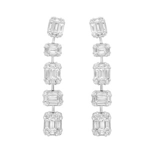 An image of a pair of Rachel Koen women's earrings with diamonds, displayed vertically and centered against a white background. The earrings feature multiple baguette and round cut diamonds arranged in a linear, drop design, with each diamond set perpendicular to the next, creating a staggered effect in white gold. The view is head-on, and the earrings are shown at a close distance, allowing for clear visibility of the diamond cuts and the intricate settings.