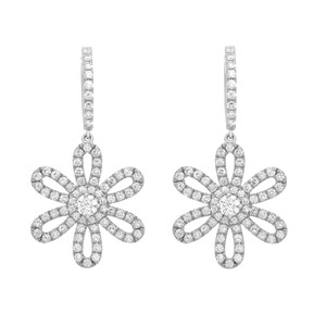 An image of a pair of Rachel Koen women's earrings with diamonds, displayed front-facing. The earrings feature a floral design with a central diamond embellishments encrusted with smaller round cut diamonds in white gold. They are hanging vertically with a straight, diamond-studded bar connecting to the flower element. The image is taken from a straight-on perspective, showing the earrings at an equal distance from the viewer and in clear focus against a white background.