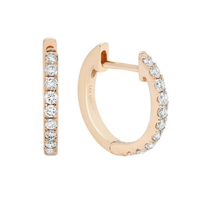 An image of a Rachel Koen brand unisex adult earring with diamonds, depicted in a close-up side view against a white background. The earring is designed in yellow gold hoop style with a row of round-cut diamonds set along the front-facing edge. The hoop is oriented vertically, giving a clear view of the sparkling diamonds that catch the light at different angles. The image is focused and detailed, showcasing the earring's craftsmanship and luxurious appearance.