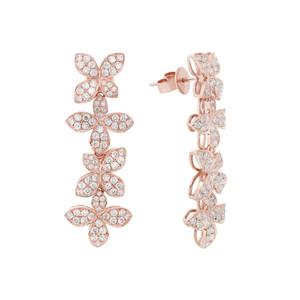 An image of a pair of Rachel Koen women's earrings with diamonds, displayed against a white background. The earrings are crafted in a rose gold metal with multiple flower elements adorned with sparkling round cut diamonds. The left earring is positioned vertically, showing a front-facing view, while the right earring is angled to display the side profile. Both earrings are equidistant from the viewer, offering a clear view of their intricate design and luxurious detailing.
