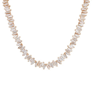 An image of a Rachel Koen women's necklace with diamonds, displayed against a white background. The necklace features a series of vertically set baguette diamonds, linked together in a yellow gold necklace that creates a continuous line. The necklace is photographed from a front-facing angle, with the camera positioned at a central viewpoint and at a close distance, providing a clear and detailed view of the diamond settings and the overall elegance of the piece.
