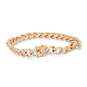 An image of a Rachel Koen women's bracelet with diamonds, showcasing a yellow gold chain design studded with round cut diamonds. The bracelet is positioned horizontally in the center of the frame, with a close-up view that displays the intricate patterns and the brilliance of the diamonds. The angle of the photo provides a full view of the bracelet's design, highlighting the contrast between the polished gold and the bright diamonds.