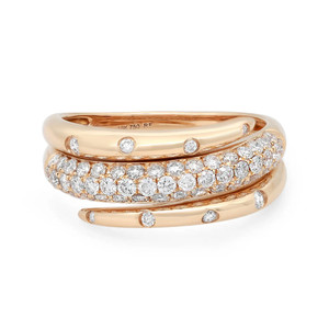 An image of a Rachel Koen women's ring with diamonds, displayed in a close-up, front-facing view. The ring features multiple bands crafted in polished yellow gold, with bands encrusted with round brilliant-cut diamonds arranged in a pavé setting. The diamonds sparkle prominently, and the ring is photographed against a white background, emphasizing its elegance and shine. The image is taken from a slight overhead angle to showcase the full design and intricacy of the ring.