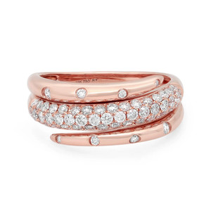 An image of a Rachel Koen women's ring with diamonds, presented in a close-up, frontal view on a neutral background. The ring features rose gold bands with a triple-layered design, interspersed with studded round-cut diamonds in rose gold. The diamonds are prominently displayed at a slightly angled perspective, highlighting their brilliance and the intricate details of their setting. The image is taken at a close distance to showcase the craftsmanship and luxurious appearance of the ring.